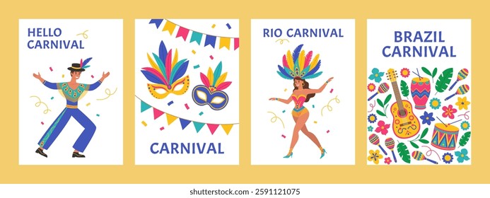 Brazil Carnival vertical banners set with man and woman in costumes, masks with feathers, garlands, confetti, musical instruments, flowers and leaves. Festival design. Vector flat illustration