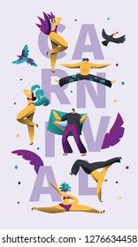 Brazil Carnival Vertical Typography Banner. Brazilian Party Character on Colorful Print Poster Template. Latino Exotic Costume Festival Postcard Flat Cartoon Vector Illustration