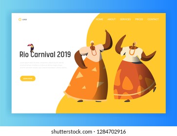 Brazil Carnival Woman Couple Landing Page. Woman Dance in Traditional Brazilian Costume at Rio de Janeiro Festival. Exotic People Parade for Website or Web Page Flat Cartoon Vector Illustration