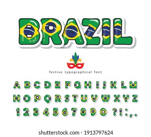 Brazil cartoon font. Brazilian national flag colors. Paper cutout glossy ABC letters and numbers. Bright alphabet for tourism design. Vector illustration