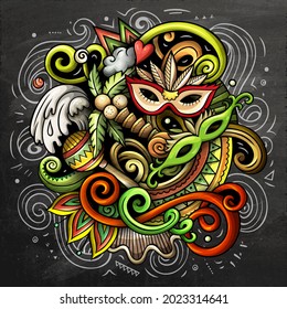 Brazil cartoon vector doodle chalkboard illustration. Colorful detailed composition with lot of Brazilian objects and symbols