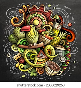 Brazil cartoon vector doodle chalkboard illustration. Colorful detailed composition with lot of Brazilian objects and symbols