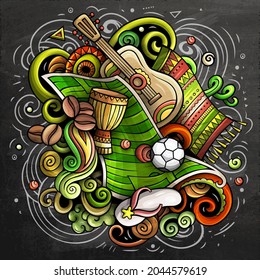 Brazil cartoon vector doodle chalkboard illustration. Colorful detailed composition with lot of Brazilian objects and symbols