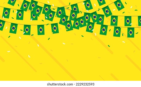 Brazil celebration bunting flags with confetti and ribbons on yellow background. vector illustration.