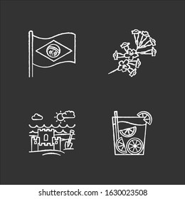 Brazil chalk white icons set on black background. National flag. Plumeria. Caipirinha. Sand castle on the coast. Ip? tree. Traditional cocktail. Ocean beach. Isolated vector chalkboard illustrations