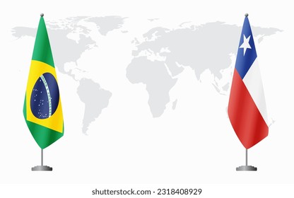 Brazil and Chile flags for official meeting against background of world map, vector