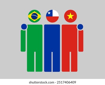 Brazil, Chile, and Vietnam National Flags With Embracing Body. Vector Illustration. Isolated background.