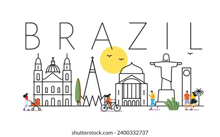 Brazil City Line View. Poster print minimal design with people