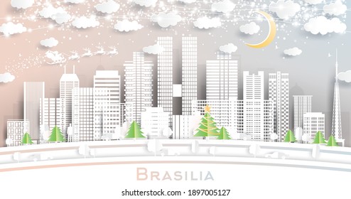 Brasília Brazil City Skyline in Paper Cut Style with Snowflakes, Moon and Neon Garland. Vector Illustration. Christmas and New Year Concept. Santa Claus on Sleigh.