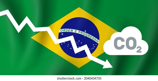 Brazil co2 carbon dioxide emission  graph down  on brazilian flag background vector illustration