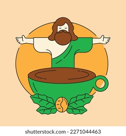 Brazil coffee beans badge design with peace of Jesus vector illustration.