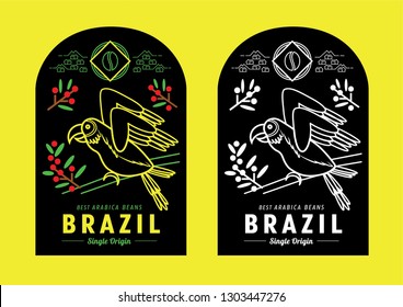 Brazil coffee label design with macaw vector illustration