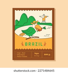 Brazil coffee label with toucan eat coffee fruits on bay with mountain and jesus statue.