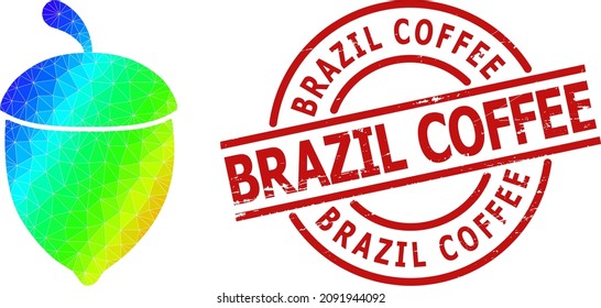 BRAZIL COFFEE unclean seal, and lowpoly spectral colored oak acorn icon with gradient. Red stamp seal contains BRAZIL COFFEE text inside circle and lines shape.