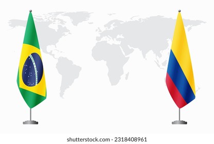 Brazil and Colombia flags for official meeting against background of world map, vector