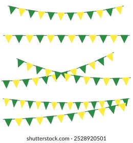 Vector de Colores de Brasil. Buntings. Guirnalda amarilla y verde. Banderas de fiesta. Decoración patriótica. Día de la Independencia. BR. Ilustración. Sudamérica.