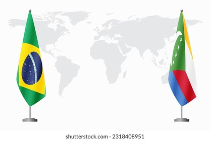 Brazil and Comoros flags for official meeting against background of world map, vector