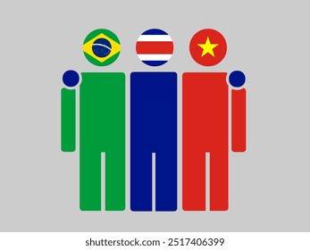 Brazil, Costa Rica, and Vietnam National Flags With Embracing Body. Vector Illustration. Isolated background.