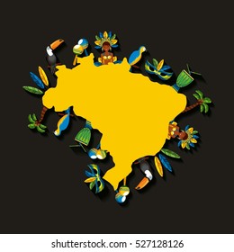 brazil country map with brazilian culture iconics around over black background. vector illustration