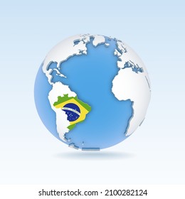 Brazil - country map and flag located on globe, world map. 3D Vector illustration