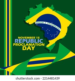 Brazil country map and flag with ribbons on dark green background to commemorate Republic Proclamation Day on November 15