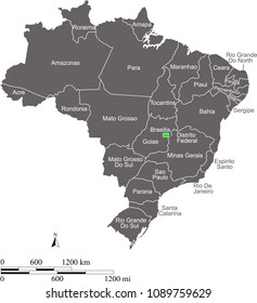 Brazil country map outline vector illustration with labeled names of provinces and scales of miles and kilometers. Brazilian map with mileage and kilometer scales 