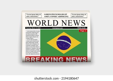 Brazil country newspaper with flag, breaking news on newsletter, Brazil news concept, gazette page with headline, journal with country flag, reading newspaper, streamer headline
