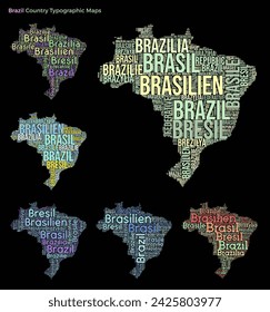 Brazil Country Typographic Map. Set of typography style country illustrations. Brazil map shape built of horizontal and vertical country names. Vector illustration.