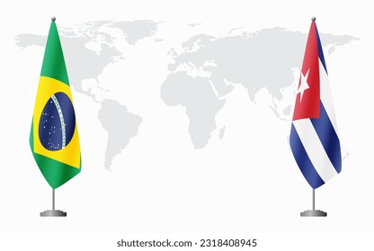 Brazil and Cuba flags for official meeting against background of world map, vector