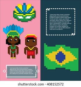 Brazil culture banner set. Pixel art. Old school computer graphic style.