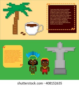 Brazil culture banner set. Pixel art. Old school computer graphic style.