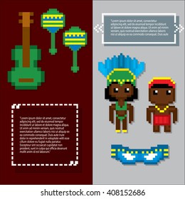 Brazil culture banner set. Pixel art. Old school computer graphic style.