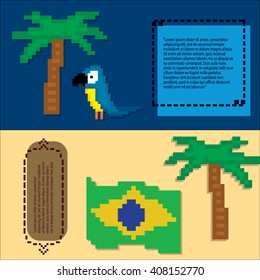 Brazil culture banner set. Pixel art. Old school computer graphic style.