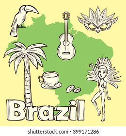 Brazil culture symbol set. Hand drawn vector illustration.