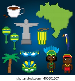 Brazil culture symbol set. Pixel art. Old school computer graphic style.