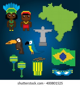 Brazil culture symbol set. Pixel art. Old school computer graphic style.