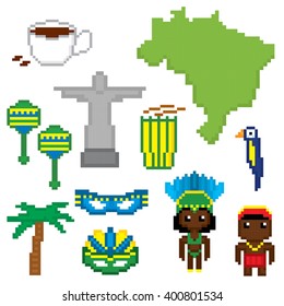 Brazil culture symbol set. Pixel art. Old school computer graphic style.