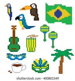 Brazil culture symbol set. Pixel art. Old school computer graphic style.