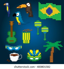 Brazil culture symbol set. Pixel art. Old school computer graphic style.