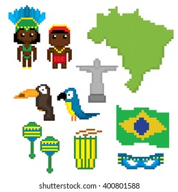 Brazil culture symbol set. Pixel art. Old school computer graphic style.