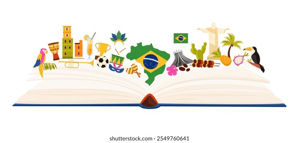 Cultura de Brasil y naturaleza tropical, arquitectura famosa y comida tradicional, estudio de idiomas en fondo de collage infográfico. Balón de fútbol, disfraz de carnaval y Ilustración vectorial de dibujos animados de música