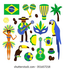 Brazil decorative icons set with football carnival coffee parrot isolated vector illustration