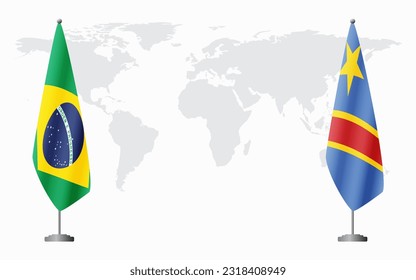 Brazil and Democratic Republic of Congo flags for official meeting against background of world map, vector