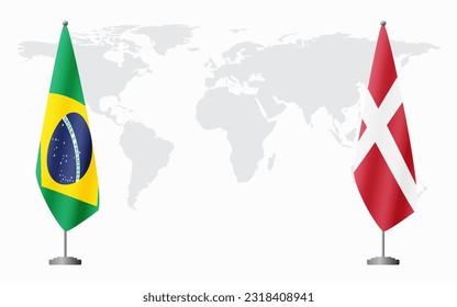 Brazil and Denmark flags for official meeting against background of world map, vector