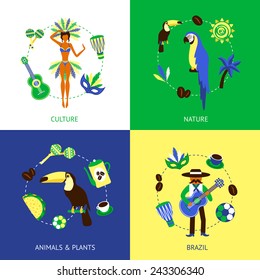Brazil design concept set with nature culture animals and plants flat icons isolated vector illustration