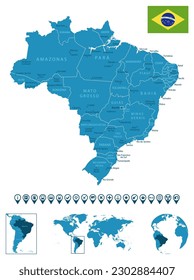 Brazil - detailed blue country map with cities, regions, location on world map and globe. Infographic icons. Vector illustration