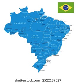 Brazil - detailed blue country map with cities and regions. Vector illustration.