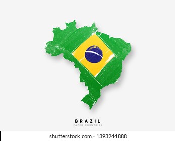 Brazil detailed map with flag of country. Painted in watercolor paint colors in the national flag.