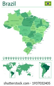 Brazil detailed map and flag. Brazil on world map.