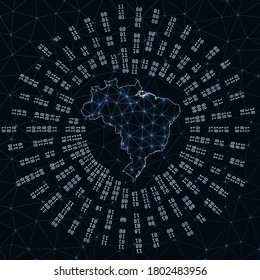 Brazil digital map. Binary rays radiating around glowing country. Internet connections and data exchange design. Vector illustration.
